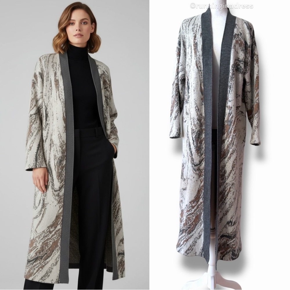 Vintage St. John Angora Blend Marble Knit Open Longline Duster Cardigan Sweater
